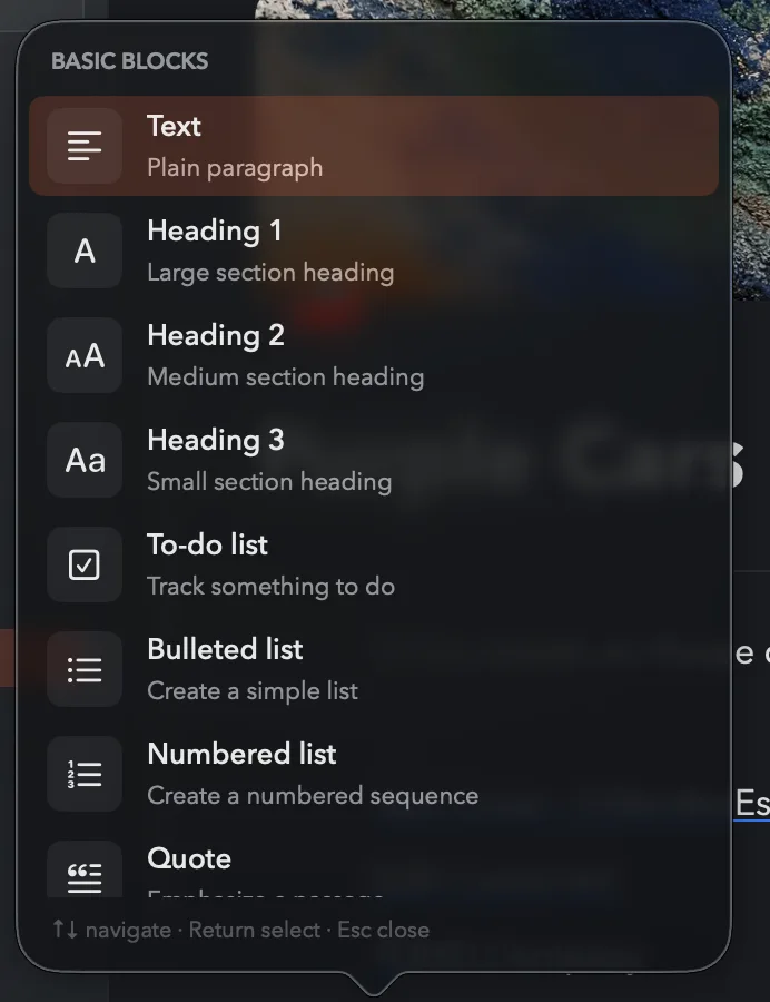 The Locus block menu, opened with “/”: text, headings, to-do list, bulleted and numbered lists, and quote.