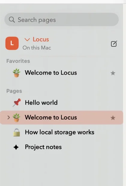The Locus sidebar: favorites and pages with search.